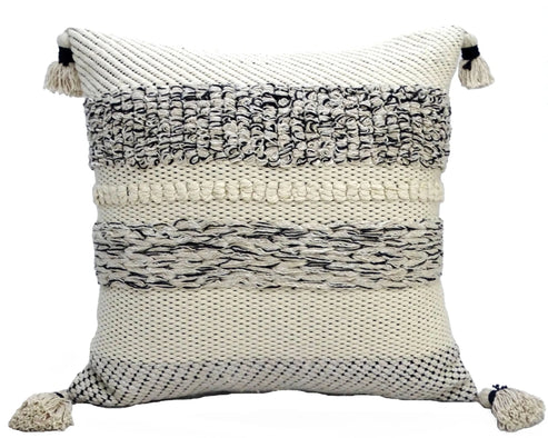 White and Black Zippered Cotton Blend Ribbed Throw Pillow with Tassels