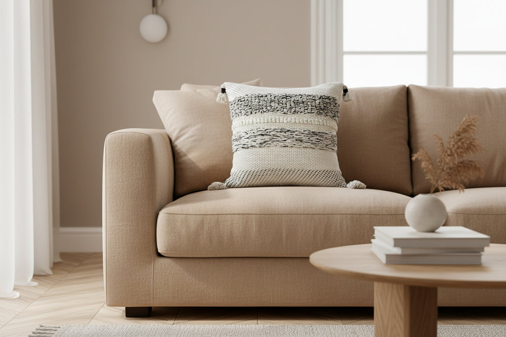 22" X 22" White And Black Zippered Cotton Blend Ribbed Throw Pillow With Tassels - Nobiliving