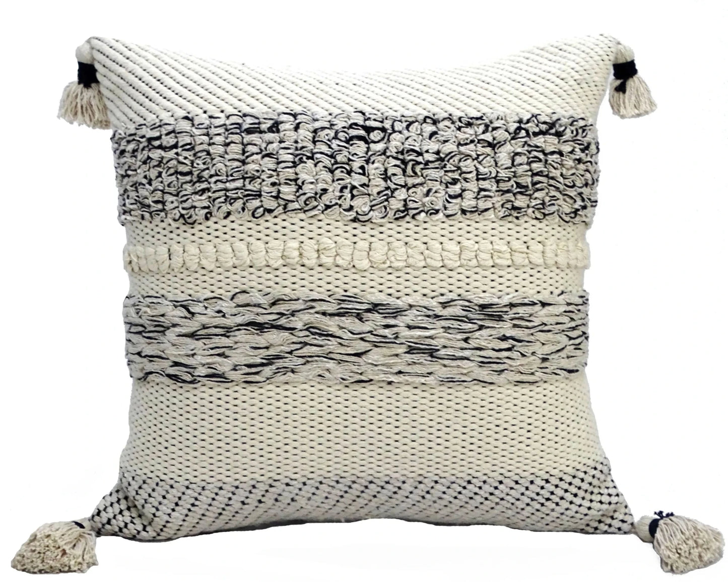 22" X 22" White And Black Zippered Cotton Blend Ribbed Throw Pillow With Tassels - Nobiliving