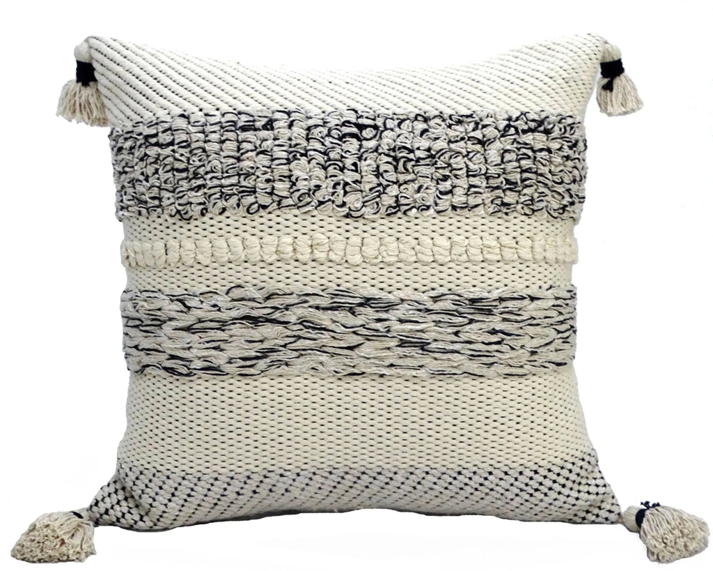 22" X 22" White And Black Zippered Cotton Blend Ribbed Throw Pillow With Tassels - Nobiliving