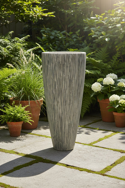 1 X 18 X 39 Gray Sandstone Ribbed Long Conical Planter With Light