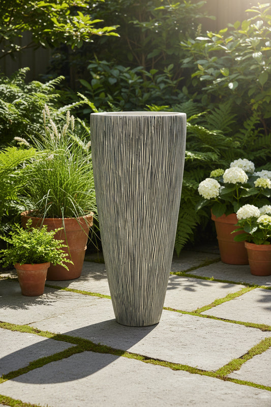 1 X 18 X 39 Gray Sandstone Ribbed Long Conical Planter With Light