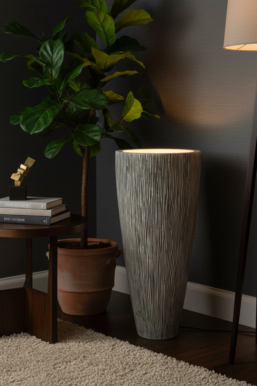 Gray Sandstone Ribbed Long Conical Planter with Light