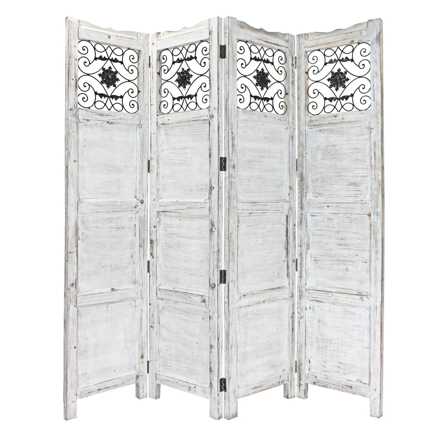 Gray Wash 4 Panel with Scroll Work Room Divider Screen enhances any space with character and charm