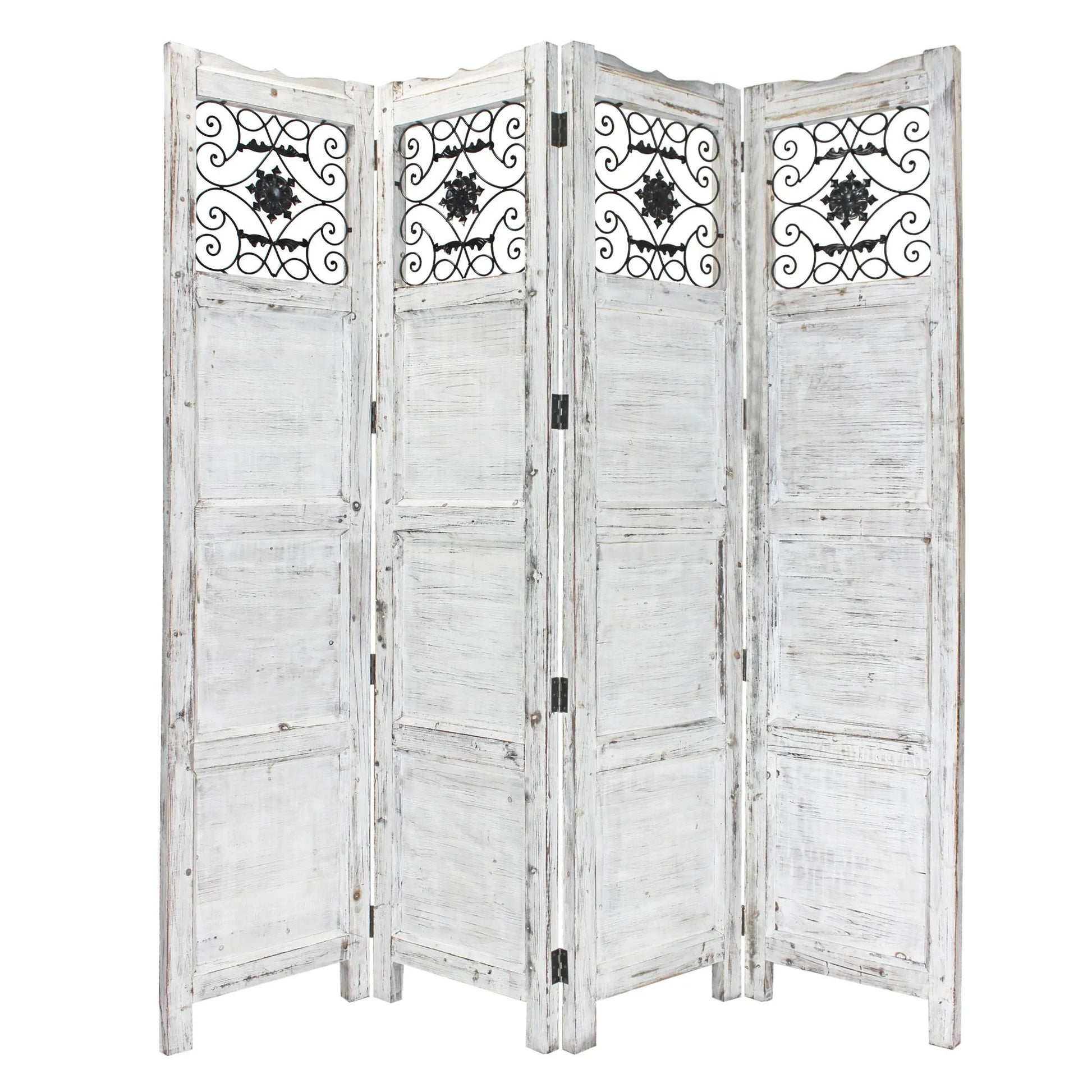 Gray Wash 4 Panel with Scroll Work Room Divider Screen enhances any space with character and charm