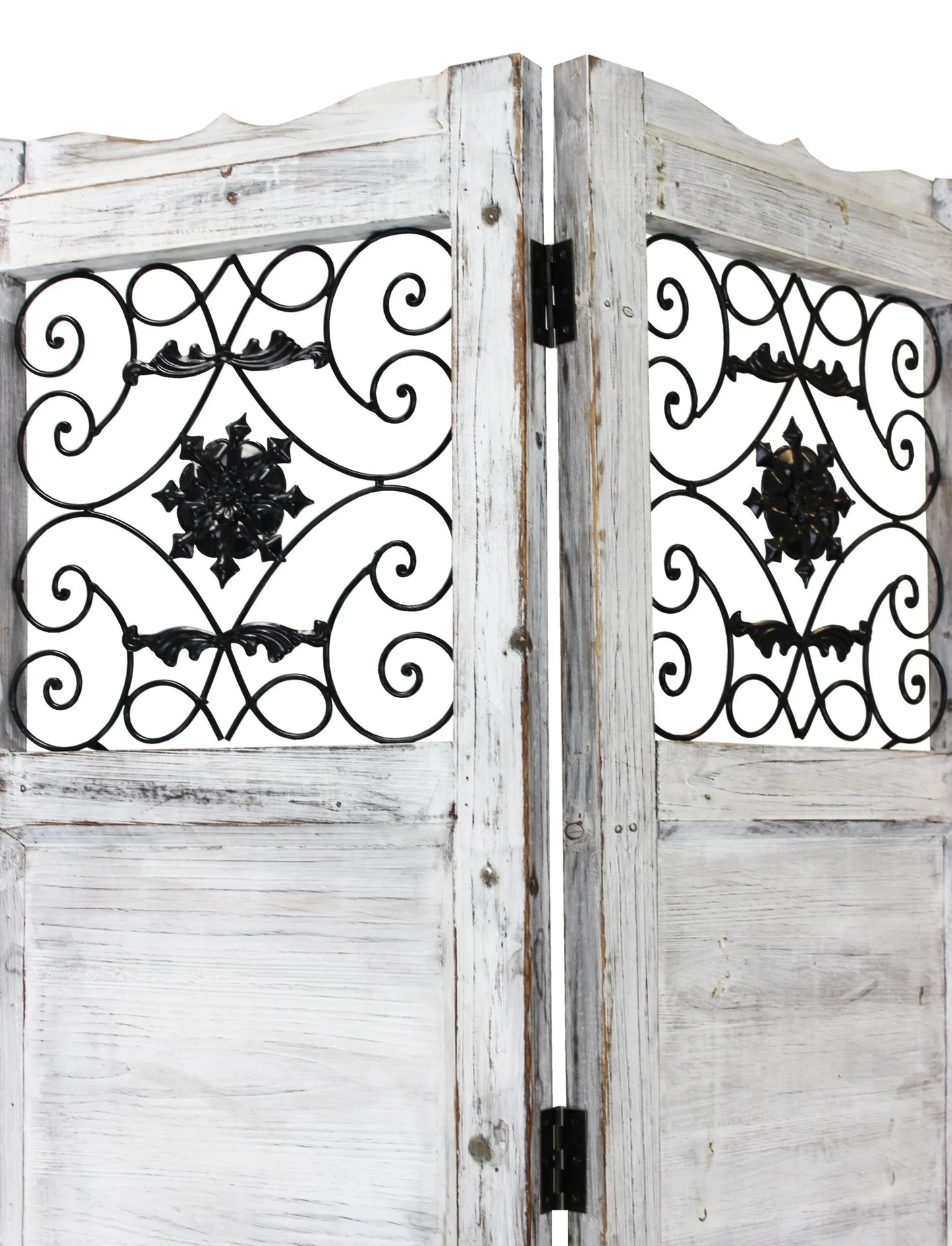 Gray Wash 4 Panel with Scroll Work Room Divider Screen showing upper panels