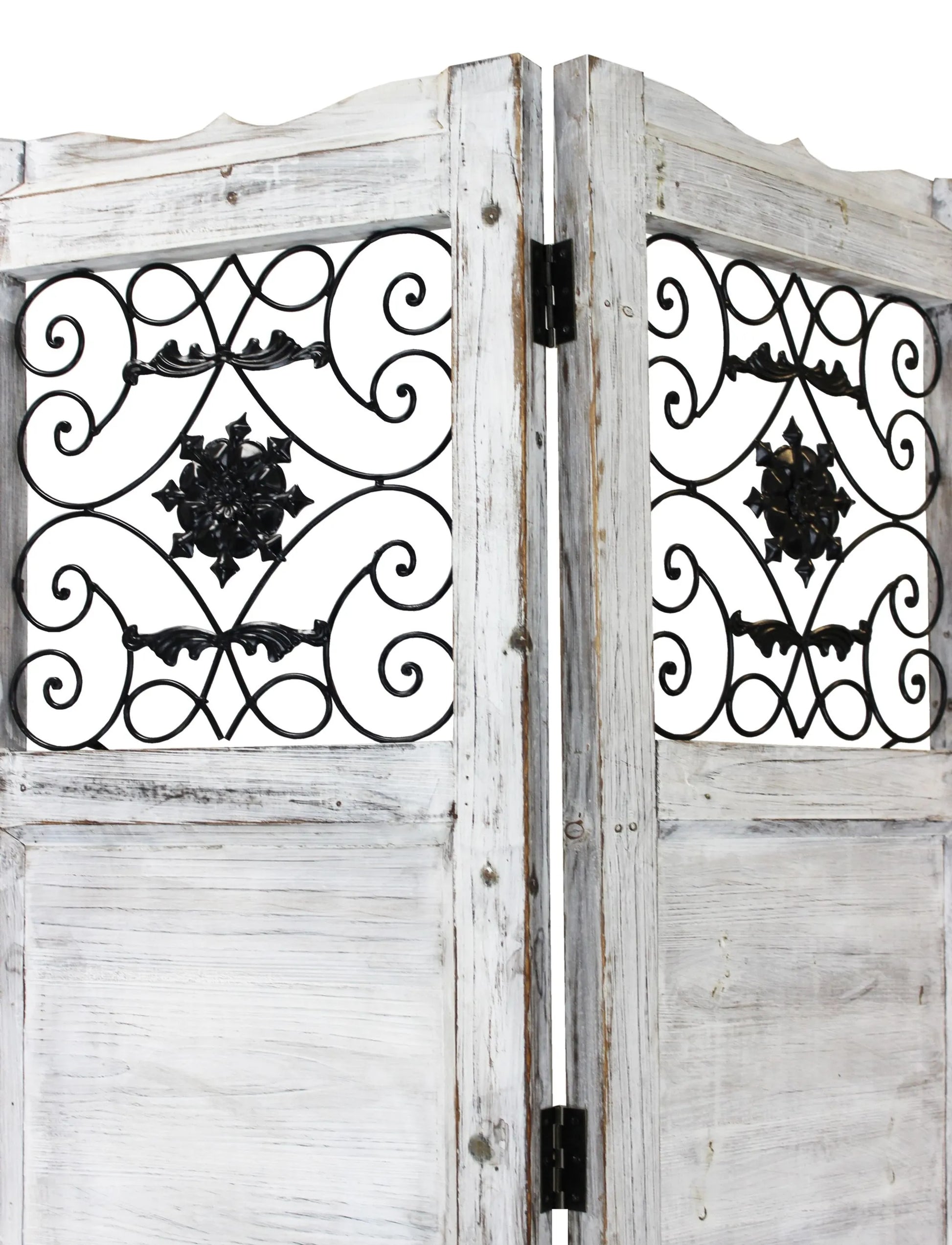 Gray Wash 4 Panel with Scroll Work Room Divider Screen showing upper panels