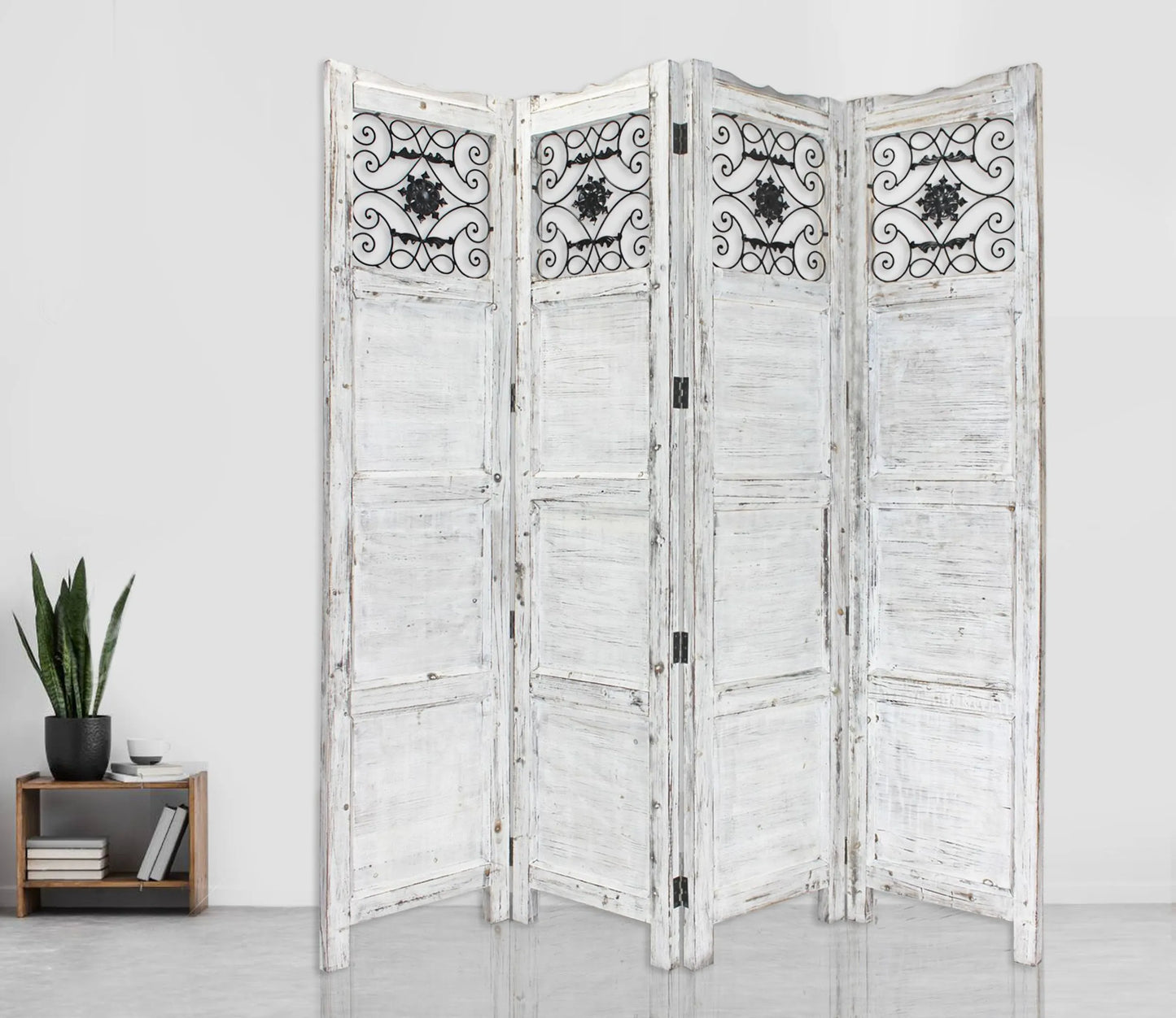 Gray Wash 4 Panel with Scroll Work Room Divider Screen-Each panel is finished on both sides, ensuring that the screen looks polished and intentional from every angle