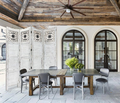 Gray Wash 4 Panel with Scroll Work Room Divider Screen in a room setting