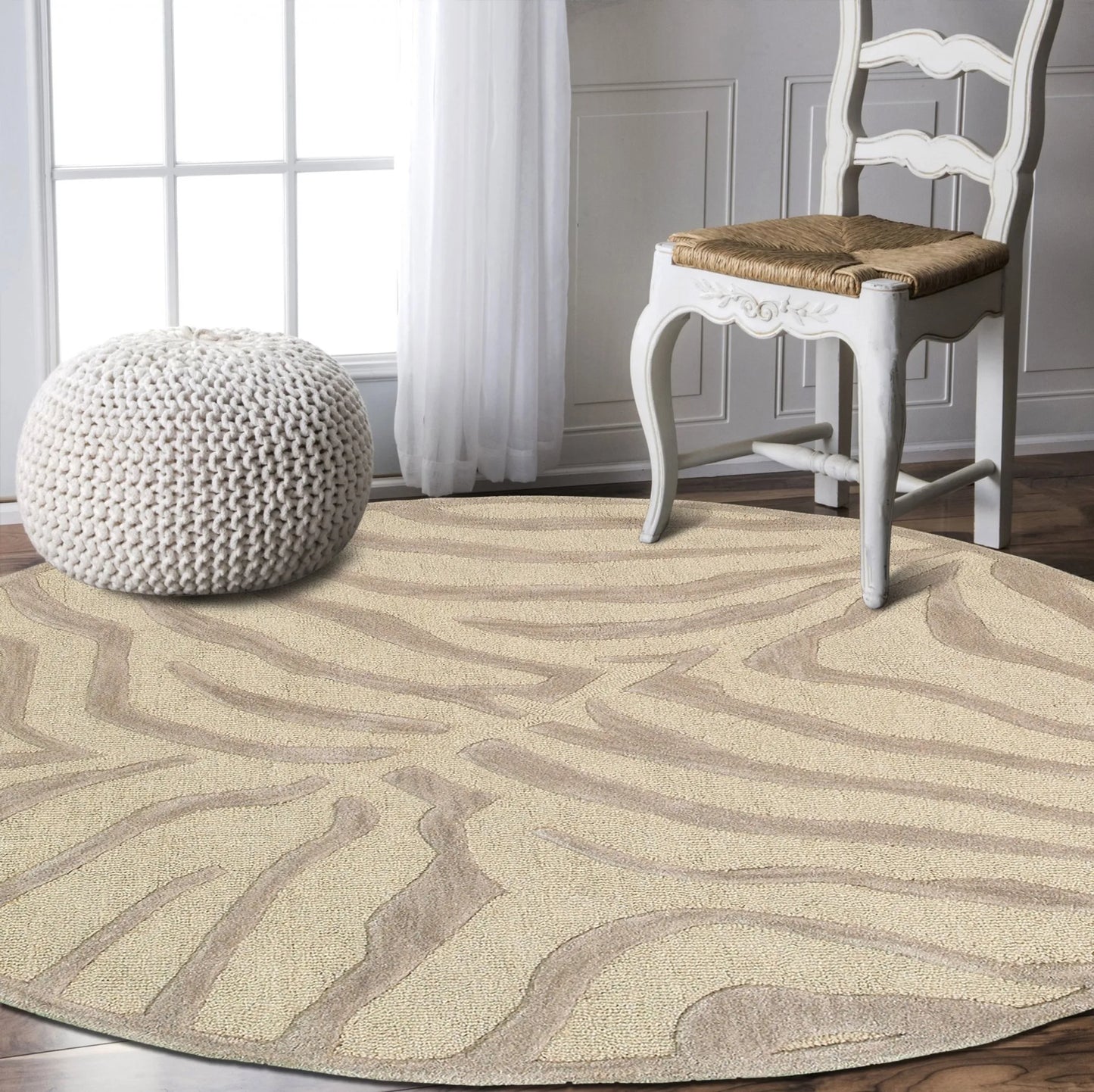 5' Round Taupe Zebra Pattern Area Rug
