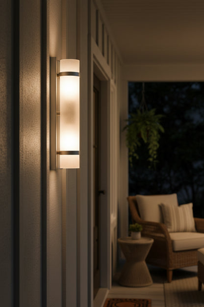 Two Light Brushed Silver and White Glass Wall Sconce