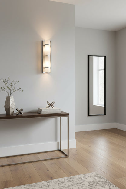 Two Light Brushed Silver and White Glass Wall Sconce