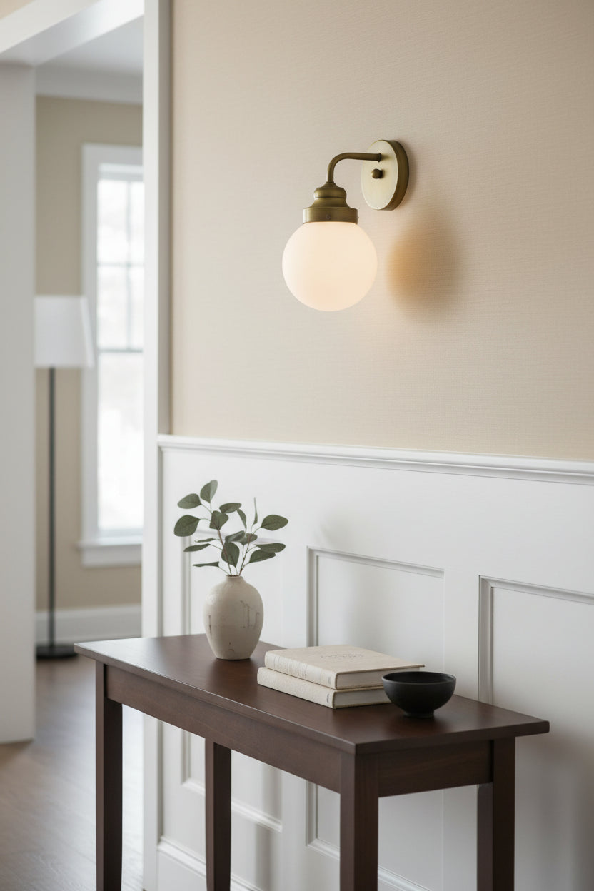One Light Gold Wall Sconce with Round Glass Shade