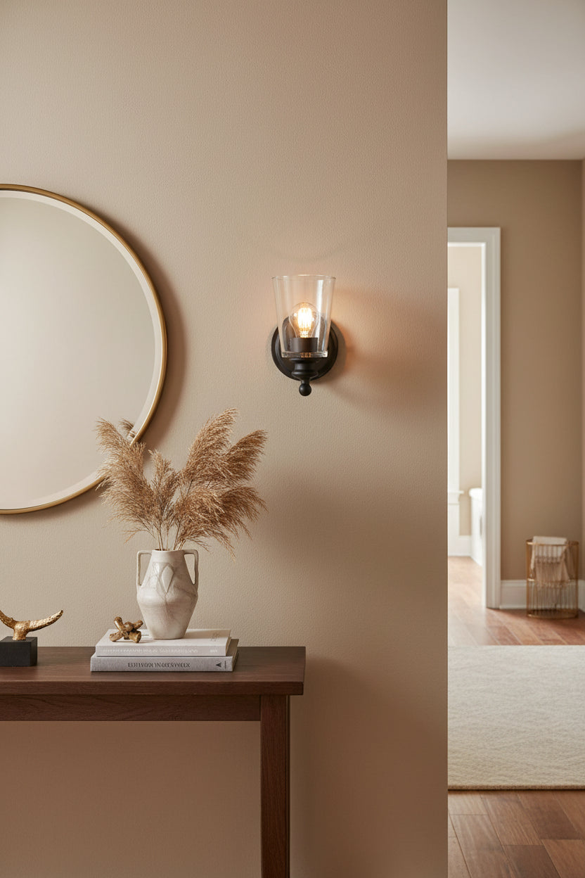One Light Matte Black Glass Shade Wall Sconce
