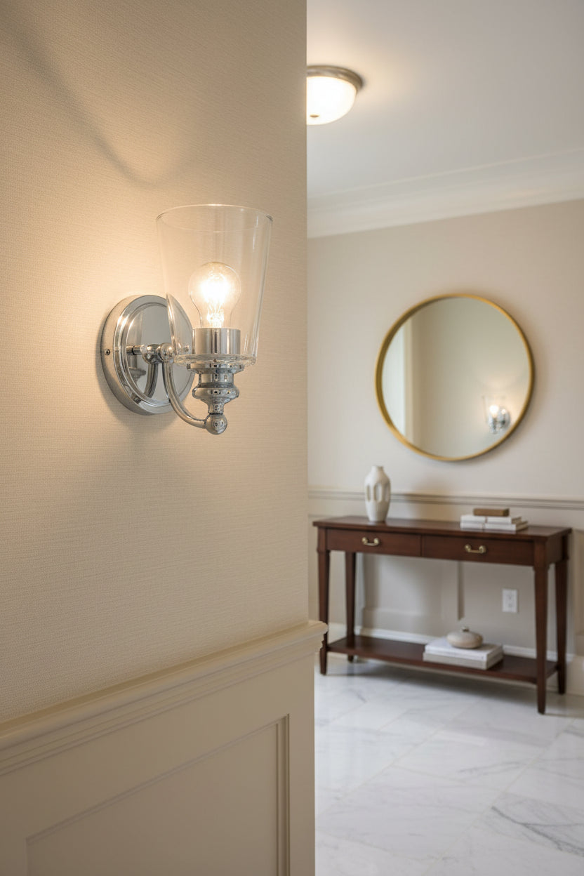 One Light Silver Glass Shade Wall Sconce