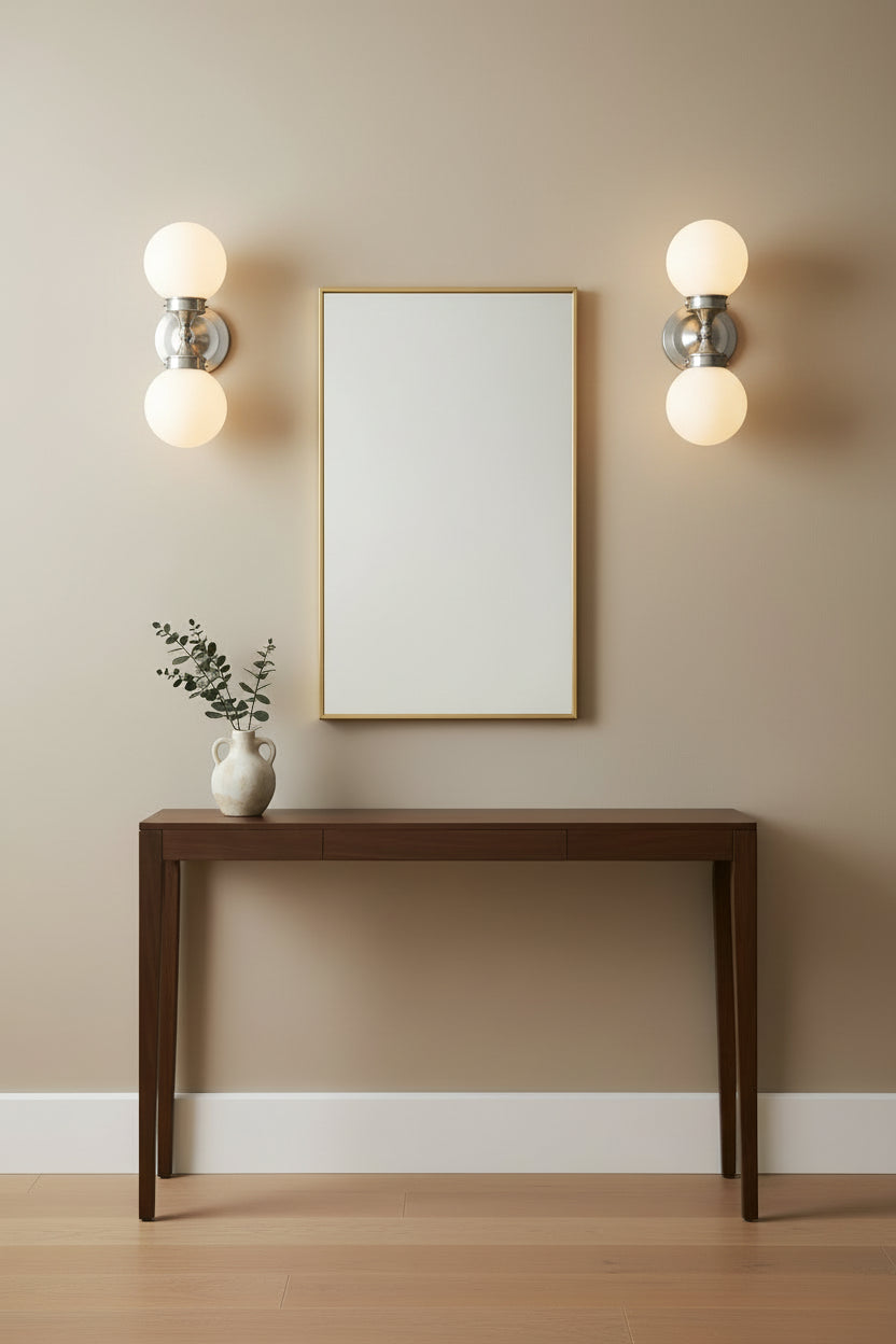 Two Light Silver Wall Sconce with Round Frosted Glass Shade