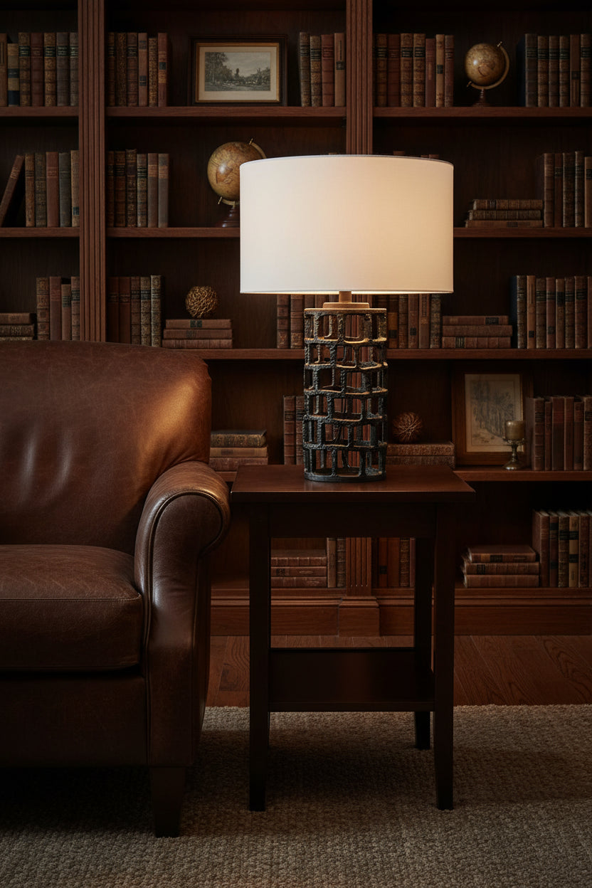 26" Black Metal Column Table Lamp With White Drum Shade