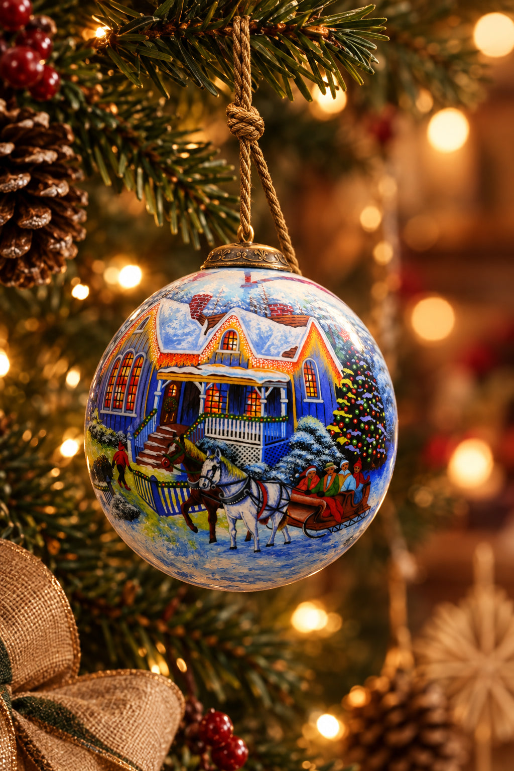 Christmas Home and Horse Carriage Hand Painted Mouth Blown Glass Ornament