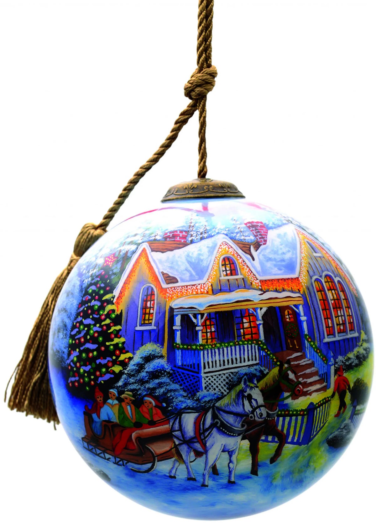 Christmas Home and Horse Carriage Hand Painted Mouth Blown Glass Ornament