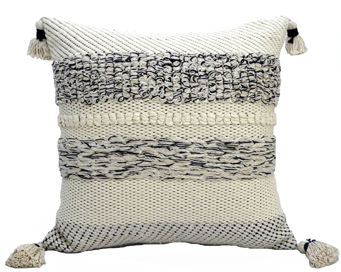 White and Black Zippered Cotton Blend Ribbed Throw Pillow with Tassels