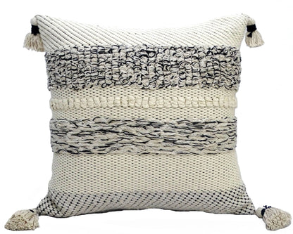 White and Black Zippered Cotton Blend Ribbed Throw Pillow with Tassels