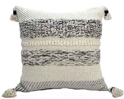 22" X 22" White And Black Zippered Cotton Blend Ribbed Throw Pillow With Tassels