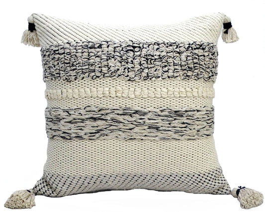22" X 22" White And Black Zippered Cotton Blend Ribbed Throw Pillow With Tassels