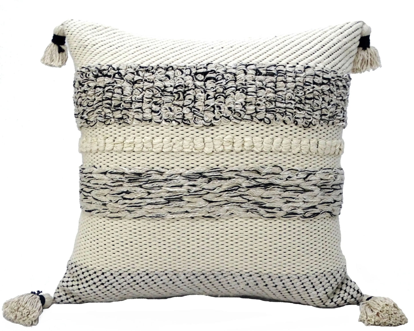 22" X 22" White And Black Zippered Cotton Blend Ribbed Throw Pillow With Tassels