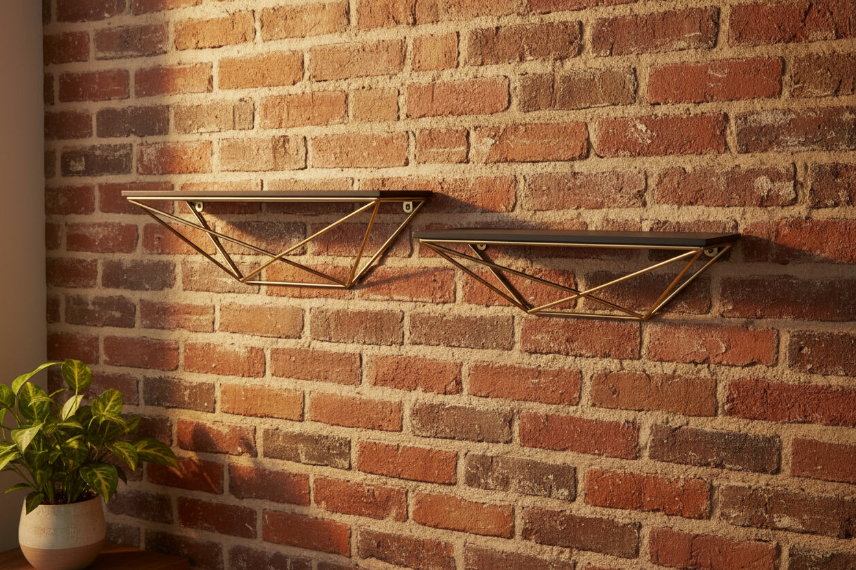 Set Of Two Black and Gold Wood and Metal Modern Wall Mounted Accent Shelves