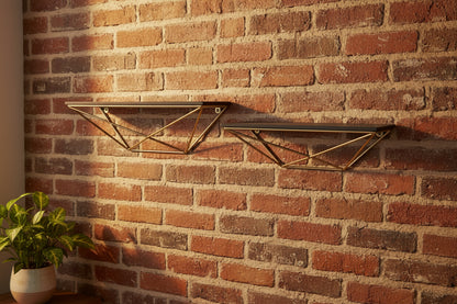Set Of Two Black and Gold Wood and Metal Modern Wall Mounted Accent Shelves
