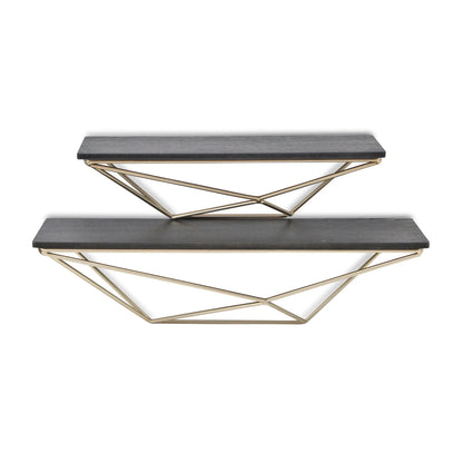 Set Of Two Black and Gold Wood and Metal Modern Wall Mounted Accent Shelves