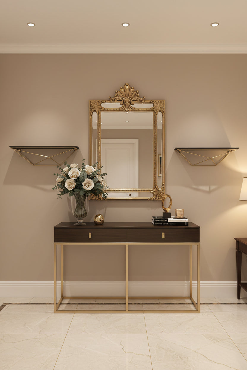 Set Of Two Black and Gold Wood and Metal Modern Wall Mounted Accent Shelves