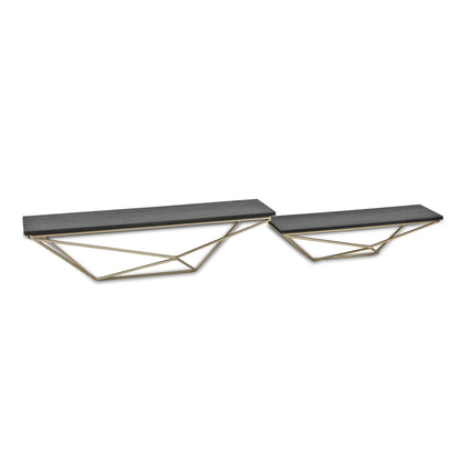 Set Of Two Black and Gold Wood and Metal Modern Wall Mounted Accent Shelves
