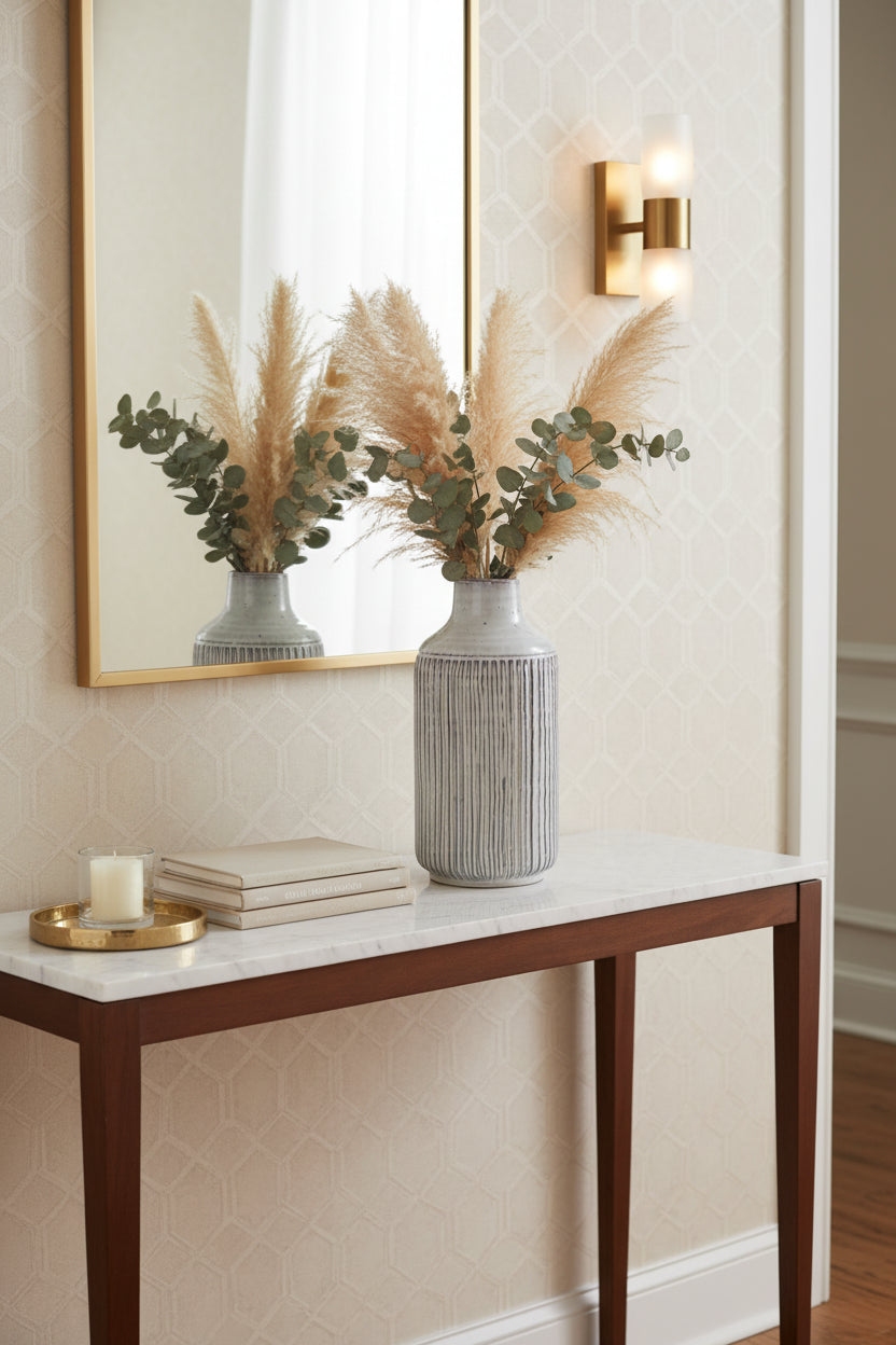 12" White and Brown Ribbed Cylinder Terracotta Table Vase