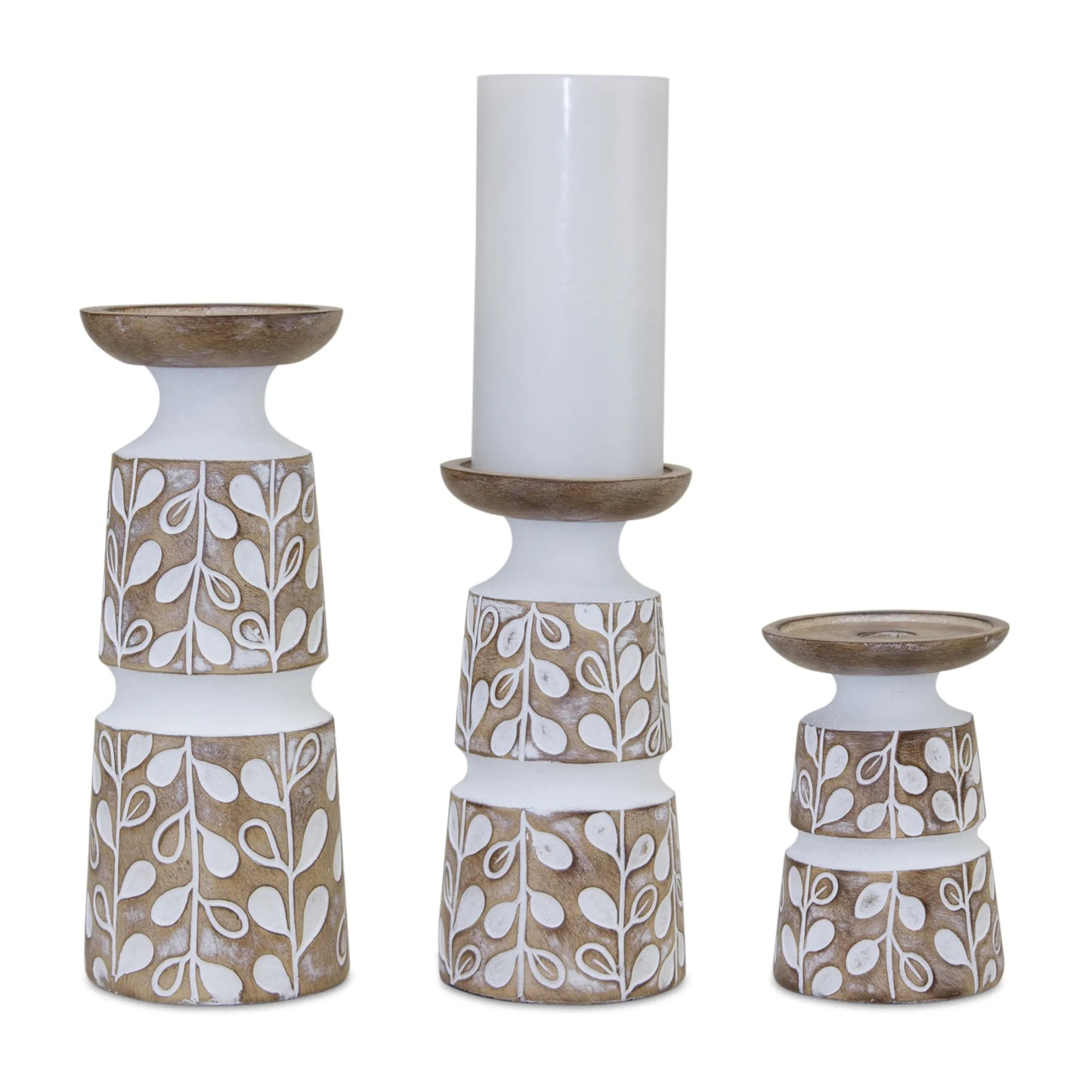 Brown and White Stone Powder Botanical Leaf Tabletop Pillar Candle Holders