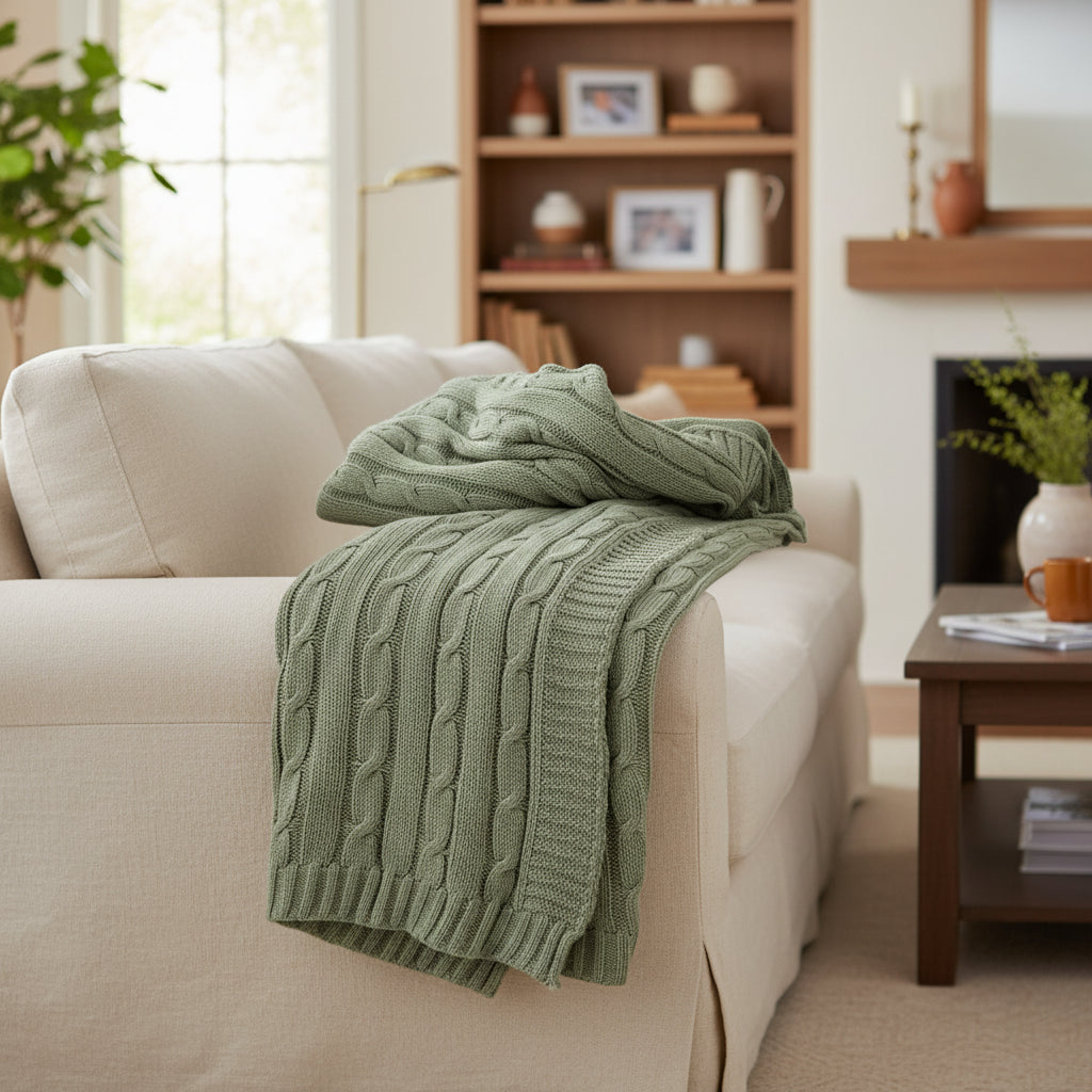 Olive Green Knitted 100% Cotton Throw Blanket