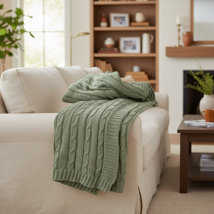 Olive Green Knitted 100% Cotton Throw Blanket