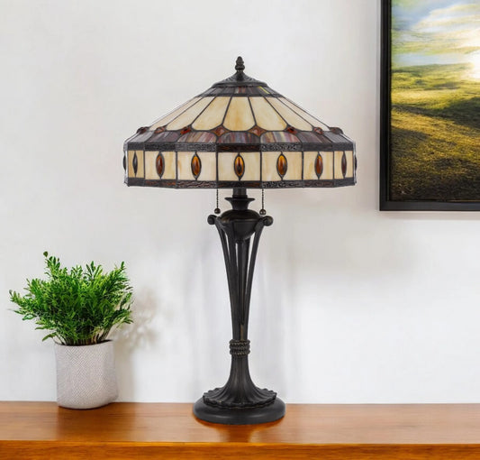 26" Black Metal Two Light Candlestick Table Lamp with Ivory and Red Dome Shade