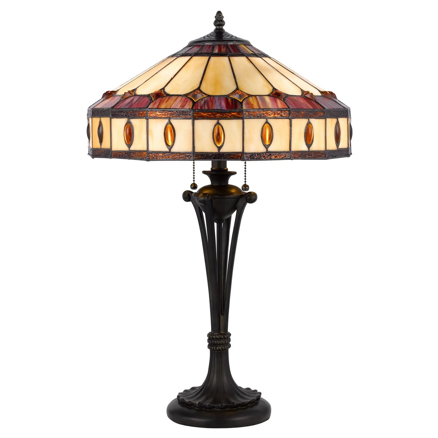 26" Black Metal Two Light Candlestick Table Lamp with Ivory and Red Dome Shade