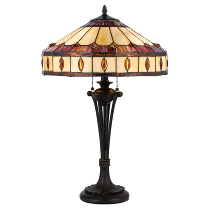 26" Black Metal Two Light Candlestick Table Lamp with Ivory and Red Dome Shade