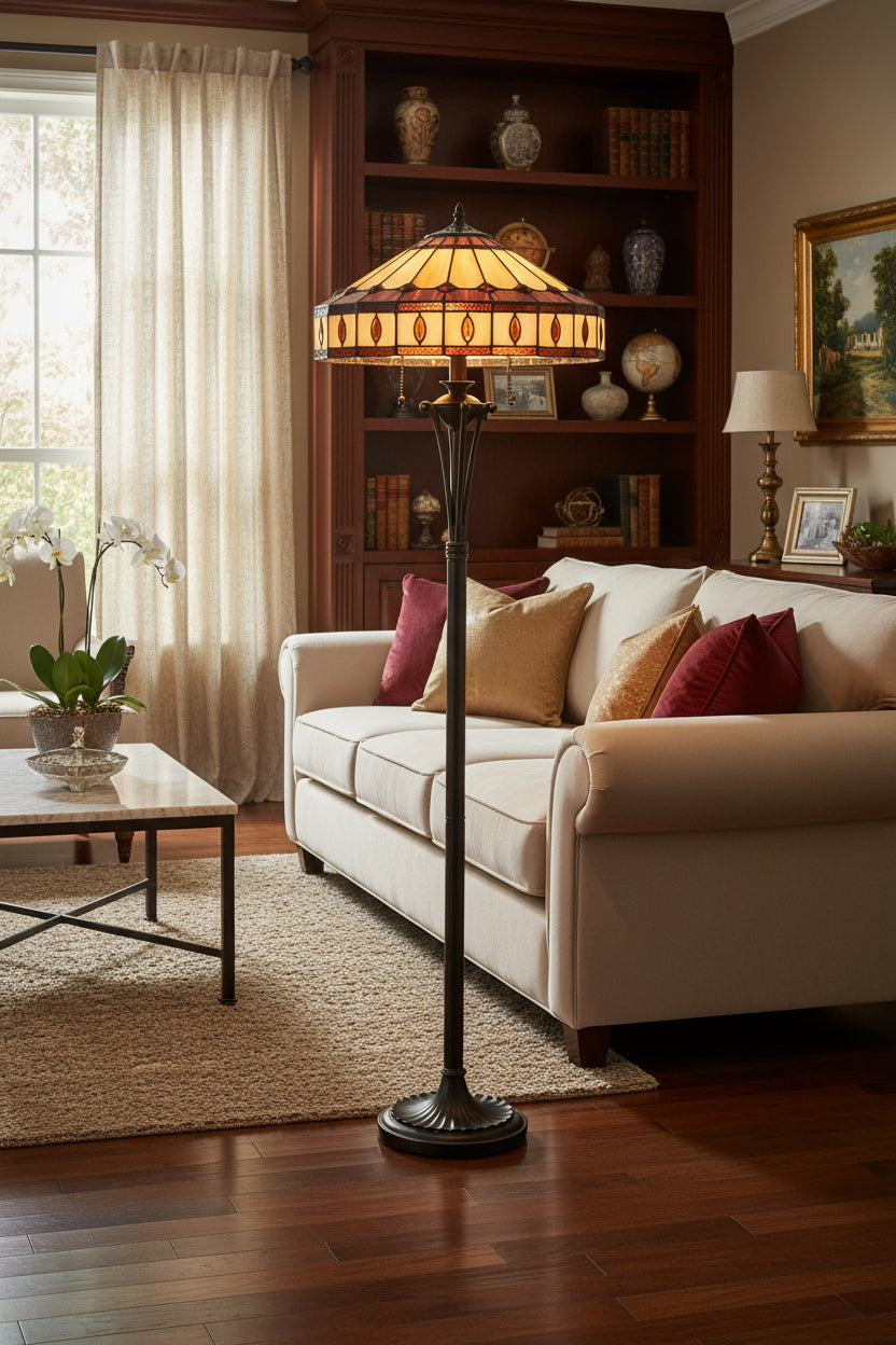 61" Bronze Two Light Traditional Shaped Floor Lamp with Tiffany Glass Empire Shade