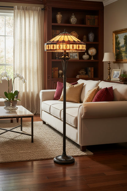 61" Bronze Two Light Traditional Shaped Floor Lamp with Tiffany Glass Empire Shade