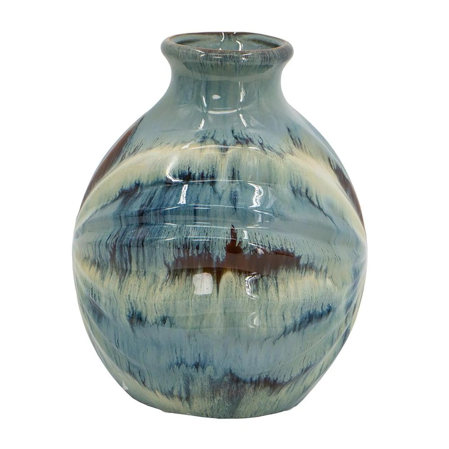 11-Inch Blue Beige and Brown Abstract Round Ceramic Table Vase