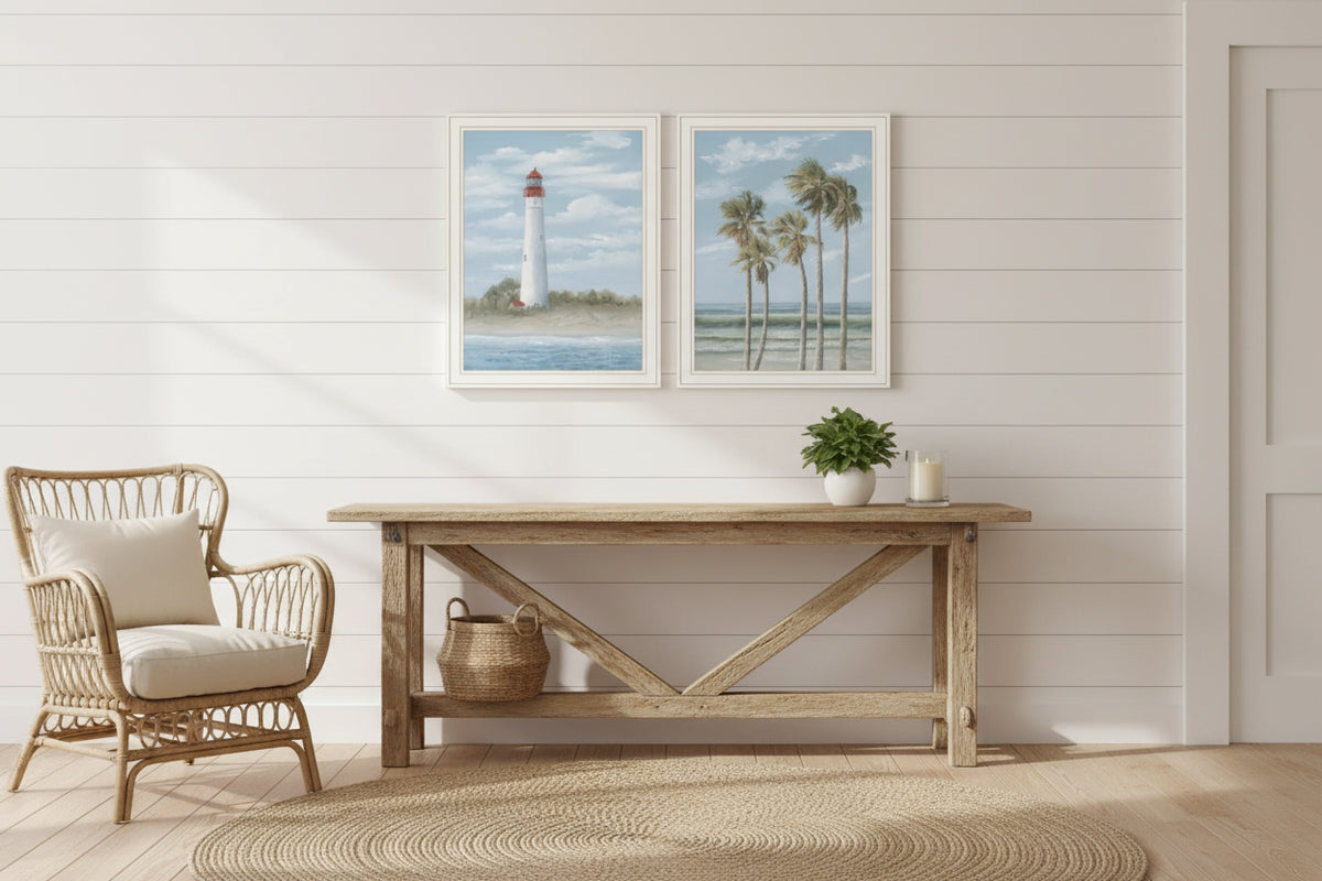 Cape May Lighthouse and Palm Trees White Framed Wall Art - Set of Two