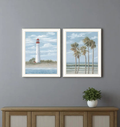 Cape May Lighthouse and Palm Trees White Framed Wall Art - Set of Two