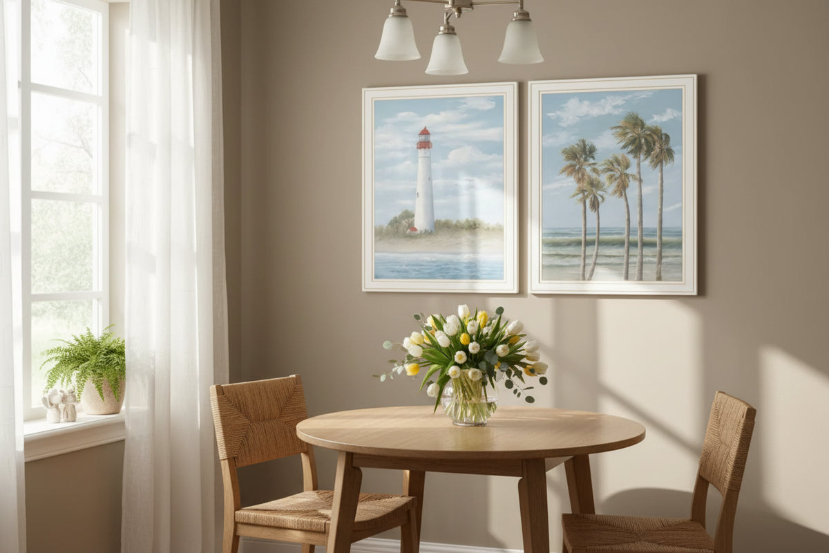 Cape May Lighthouse and Palm Trees White Framed Wall Art - Set of Two