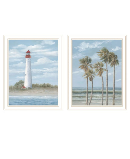 Cape May Lighthouse and Palm Trees White Framed Wall Art - Set of Two