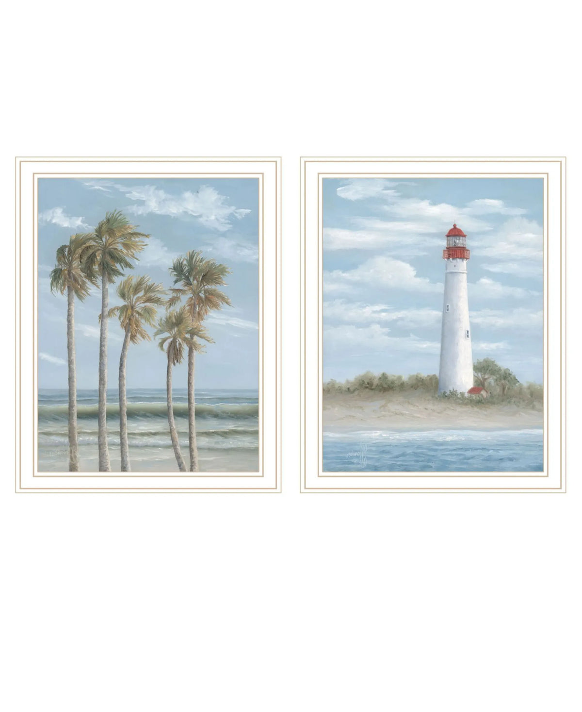 Cape May Lighthouse and Palm Trees White Framed Wall Art - Set of Two