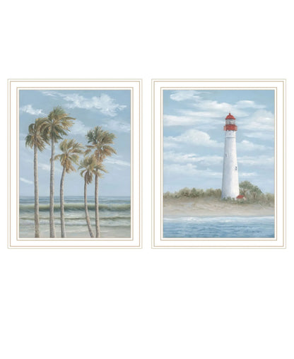 Cape May Lighthouse and Palm Trees White Framed Wall Art - Set of Two