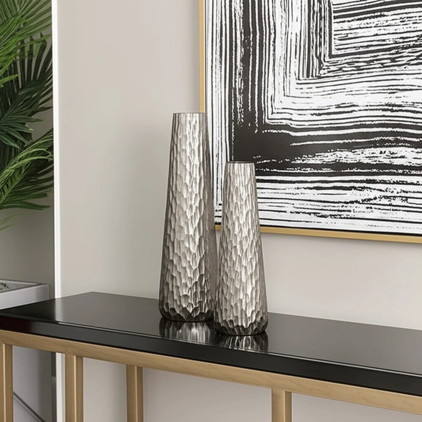 Set of Two Cast Aluminum Textured Table Vases